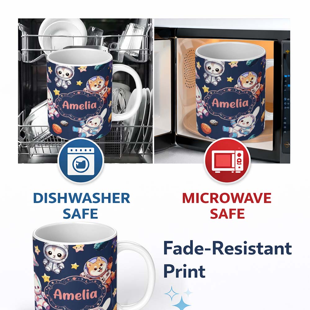 Personalized Custom Name Cute Space Animals Astronaut Seamless Pattern Navy Galaxy Kids 11oz Ceramic Coffee Tea Mug White Large Handle
