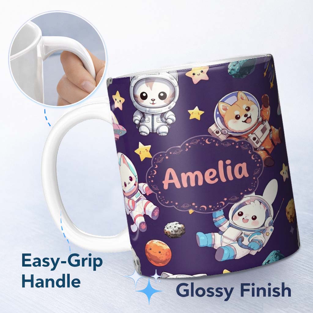 Personalized Custom Name Cute Space Animals Astronaut Seamless Pattern Purple Galaxy Kids 11oz Ceramic Coffee Tea Mug White Large Handle