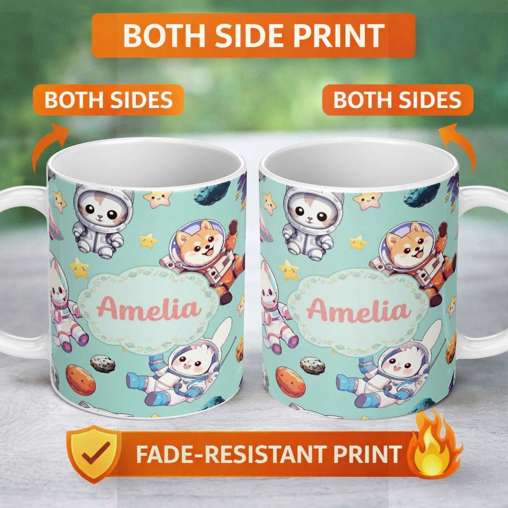 Personalized Custom Name Cute Space Animals Astronaut Seamless Pattern Mint Galaxy Kids 11oz Ceramic Coffee Tea Mug White Large Handle