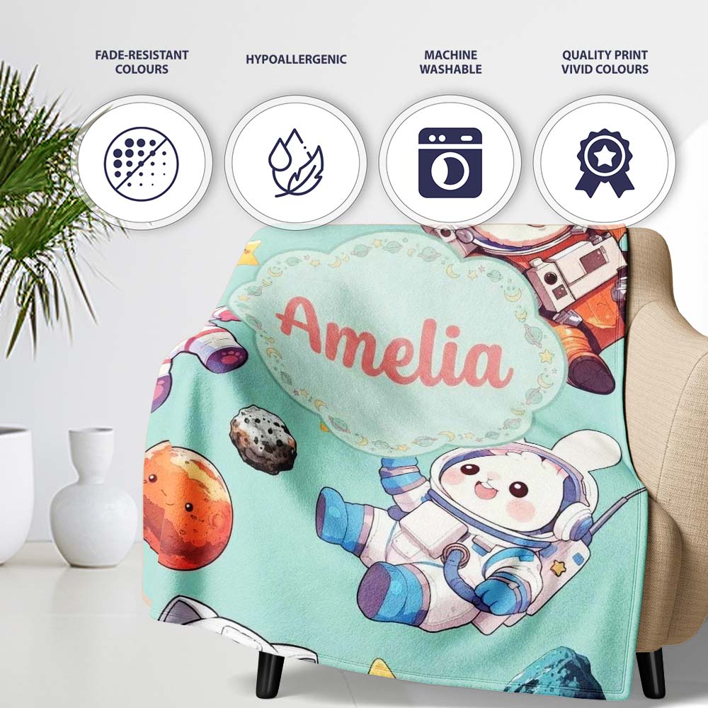 Cute Space Animals Astronaut Seamless Pattern Mint Galaxy Kids Personalised Custom Name Super Soft Fleece Blanket Bed Sofa Throw