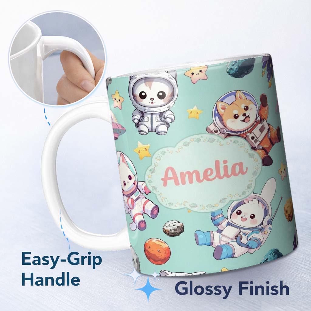 Personalized Custom Name Cute Space Animals Astronaut Seamless Pattern Mint Galaxy Kids 11oz Ceramic Coffee Tea Mug White Large Handle