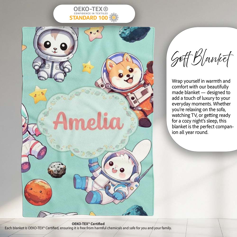 Cute Space Animals Astronaut Seamless Pattern Mint Galaxy Kids Personalised Custom Name Super Soft Fleece Blanket Bed Sofa Throw