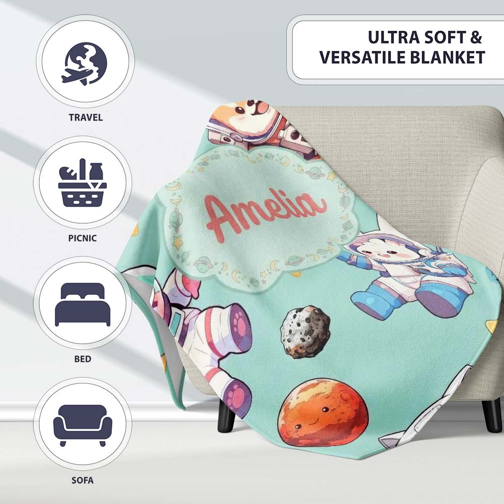 Cute Space Animals Astronaut Seamless Pattern Mint Galaxy Kids Personalised Custom Name Super Soft Fleece Blanket Bed Sofa Throw
