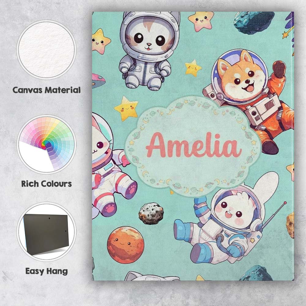 Personalised Name Cute Space Animals Custom Premium Decorative Design Modern Room Accent Canvas Wall Art Print Decor Picture Ready to Hang