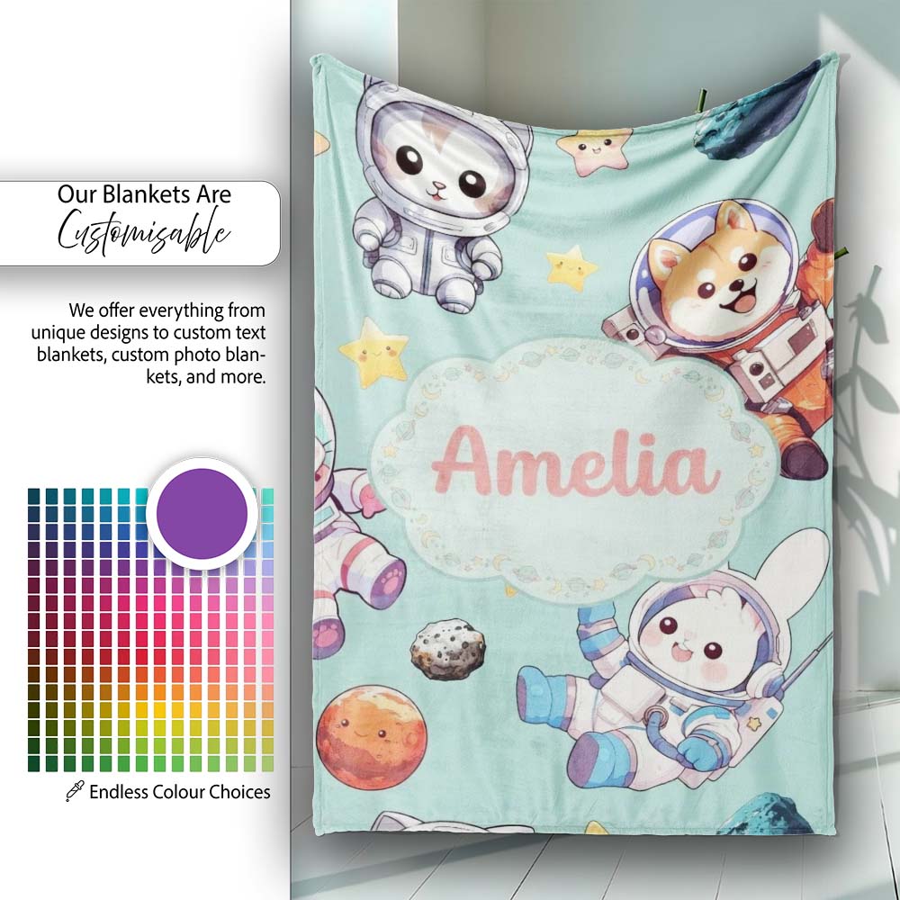 Cute Space Animals Astronaut Seamless Pattern Mint Galaxy Kids Personalised Custom Name Super Soft Fleece Blanket Bed Sofa Throw