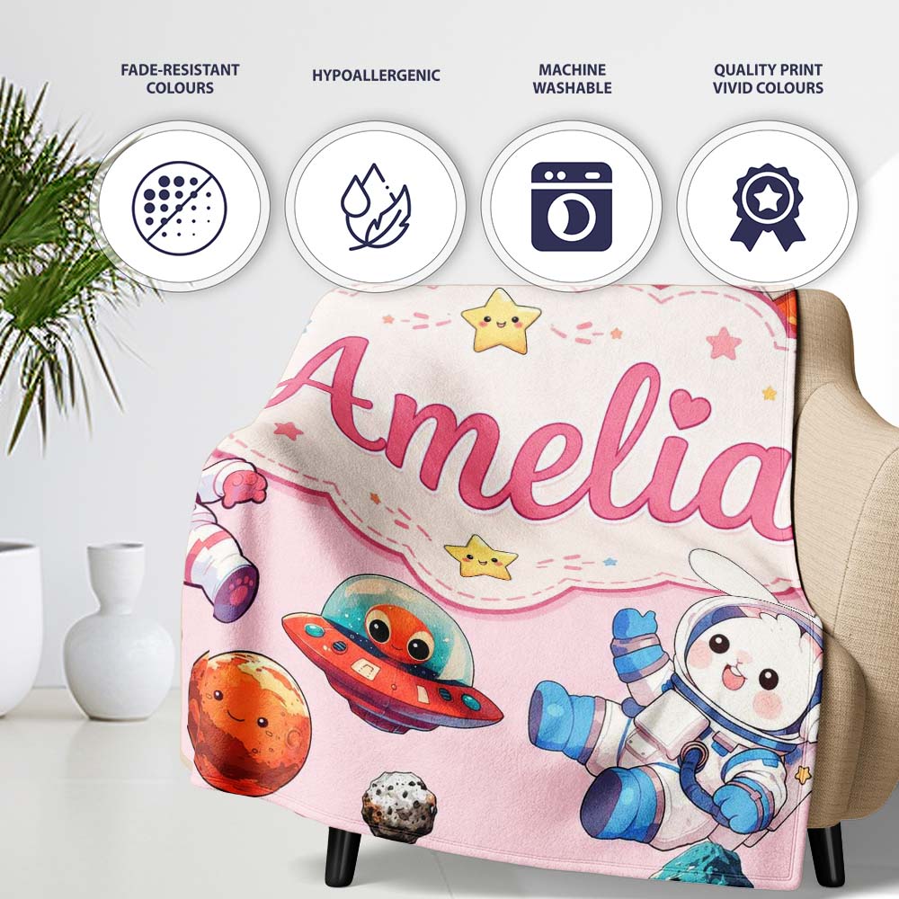 Cute Space Animals Astronaut Seamless Pattern Pink Galaxy Kids Personalised Custom Name Super Soft Fleece Blanket Bed Sofa Throw