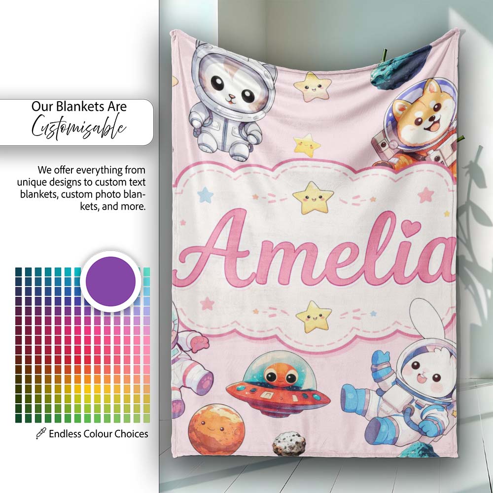 Cute Space Animals Astronaut Seamless Pattern Pink Galaxy Kids Personalised Custom Name Super Soft Fleece Blanket Bed Sofa Throw