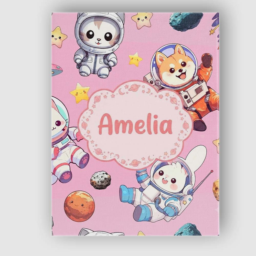 Personalised Name Cute Space Animals Custom Premium Decorative Design Modern Room Accent Canvas Wall Art Print Decor Picture Ready to Hang