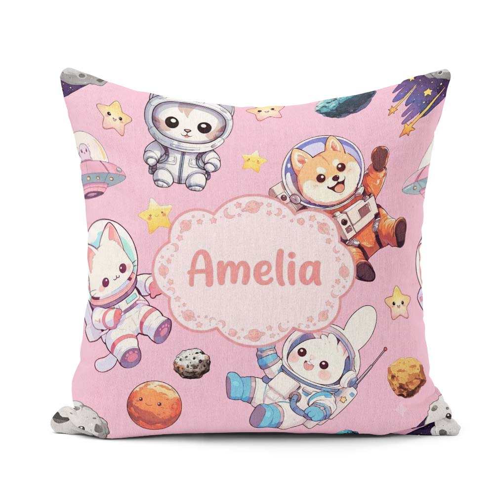 Custom Name Space Animals Seamless Pattern Soft Pink Galaxy Kids Square Filled Cushion Throw Pillow Sofa Bed Home Decor Zip Washable UK Made