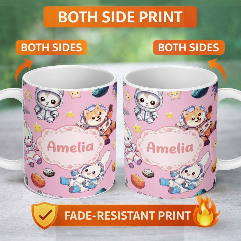 Personalized Custom Name Cute Space Animals Astronaut Seamless Pattern Soft Pink Galaxy Kids 11oz Ceramic Coffee Tea Mug White Large Handle