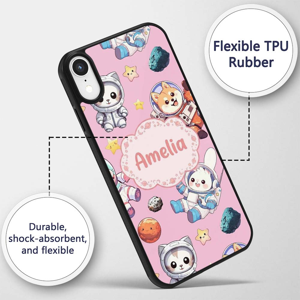 Cute Space Animals Astronaut Seamless Pattern Custom Name Protective Phone Case Mobile Cover Durable Everyday Smartphone Shock Resistant
