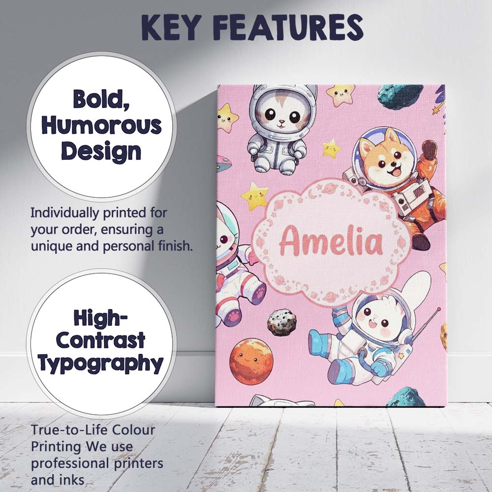 Personalised Name Cute Space Animals Custom Premium Decorative Design Modern Room Accent Canvas Wall Art Print Decor Picture Ready to Hang