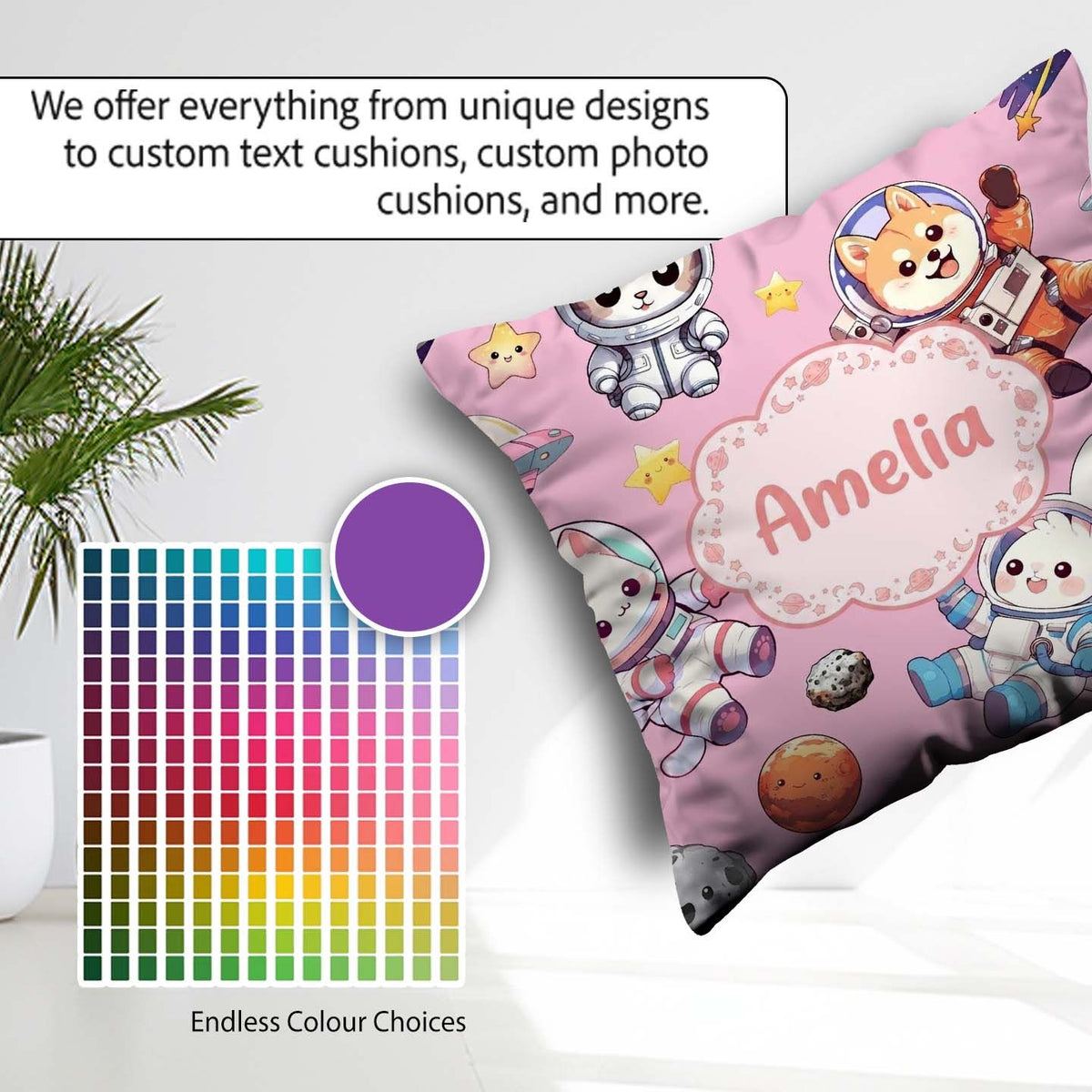 Custom Name Space Animals Seamless Pattern Soft Pink Galaxy Kids Square Filled Cushion Throw Pillow Sofa Bed Home Decor Zip Washable UK Made