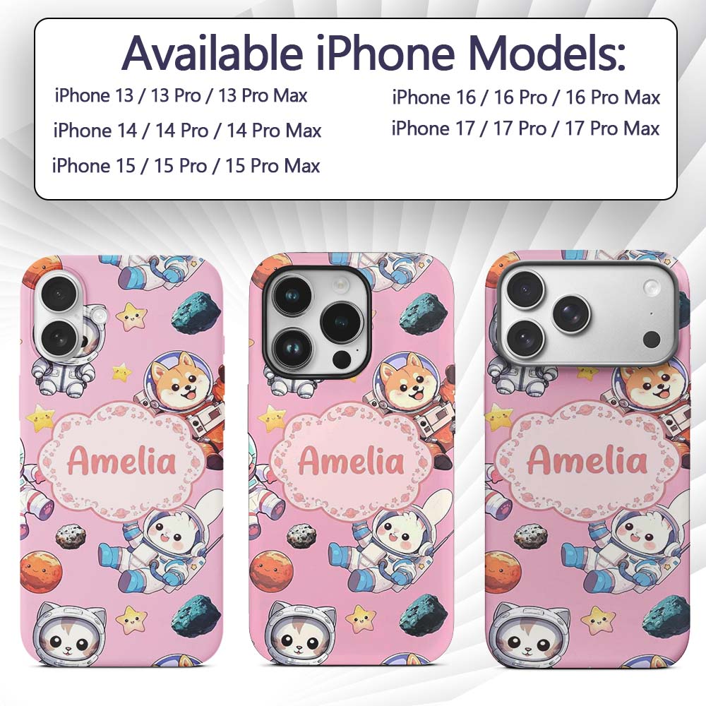 Cute Space Animals Astronaut Seamless Pattern Custom Name Protective Phone Case Mobile Cover Durable Everyday Smartphone Shock Resistant