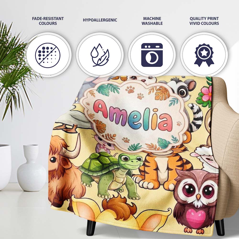 Cute Baby Safari Jungle Animals Seamless Pattern Cute Unique Gift Personalised Custom Name Super Soft Fleece Blanket Bed Sofa Throw