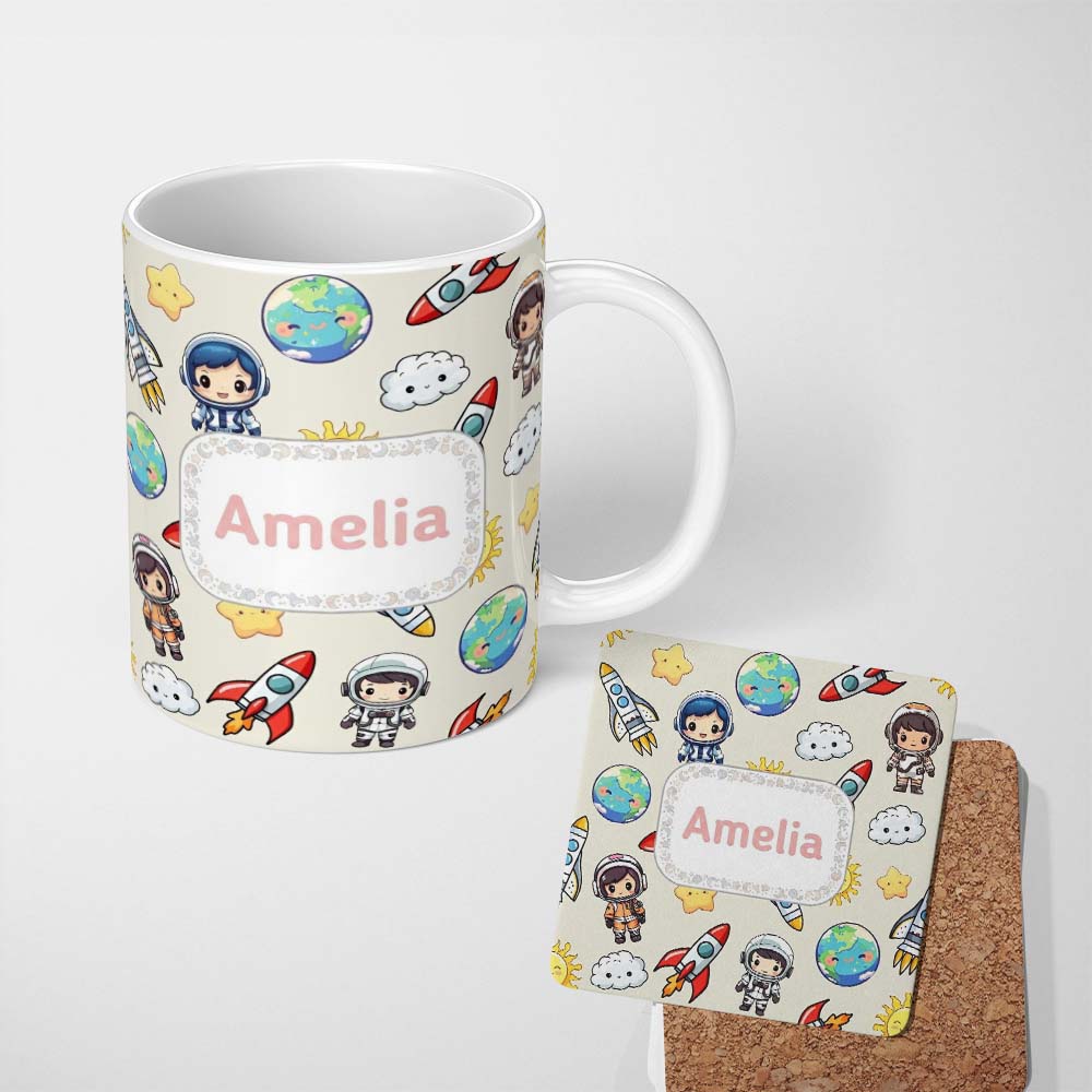 Personalized Custom Name Cute Kids Space Rockets Astronaut Seamless Pattern Fun Galaxy 11oz Ceramic Coffee Tea Mug White Large Handle