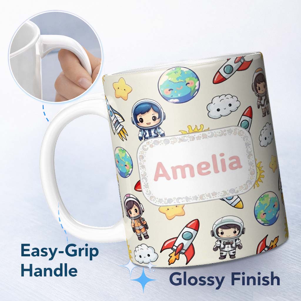 Personalized Custom Name Cute Kids Space Rockets Astronaut Seamless Pattern Fun Galaxy 11oz Ceramic Coffee Tea Mug White Large Handle