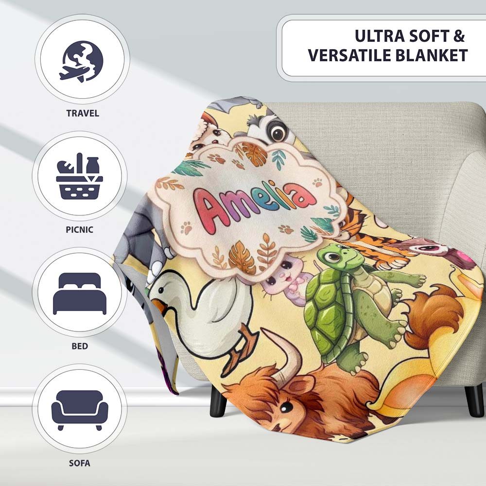 Cute Baby Safari Jungle Animals Seamless Pattern Cute Unique Gift Personalised Custom Name Super Soft Fleece Blanket Bed Sofa Throw