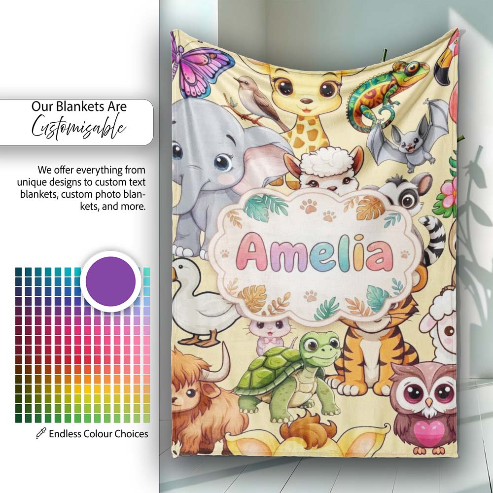Cute Baby Safari Jungle Animals Seamless Pattern Cute Unique Gift Personalised Custom Name Super Soft Fleece Blanket Bed Sofa Throw