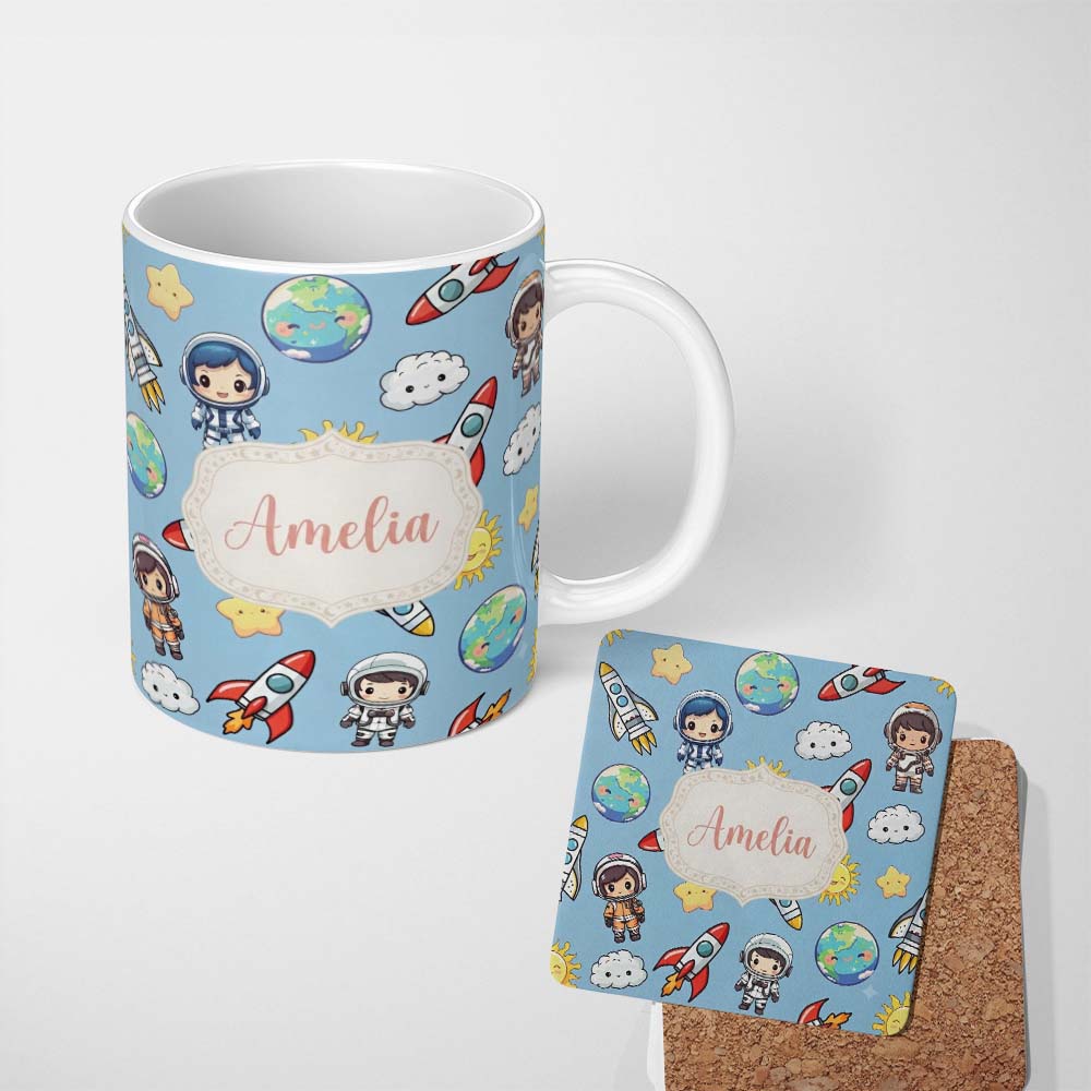Personalized Custom Name Kids Space Rockets Astronaut Seamless Pattern Blue Sky Background 11oz Ceramic Coffee Tea Mug White Large Handle