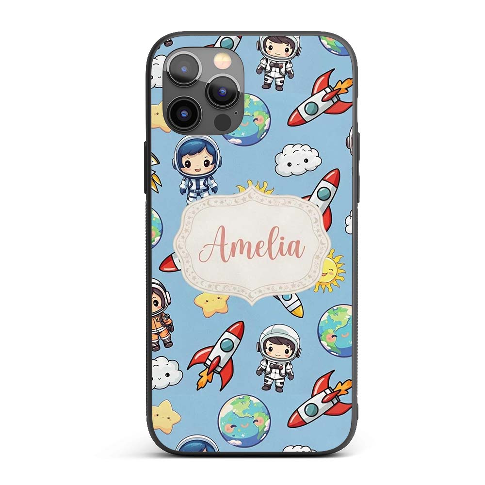 Kids Space Rockets Astronaut Seamless Pattern Custom Name Protective Phone Case Mobile Cover Durable Everyday Smartphone Shock Resistant