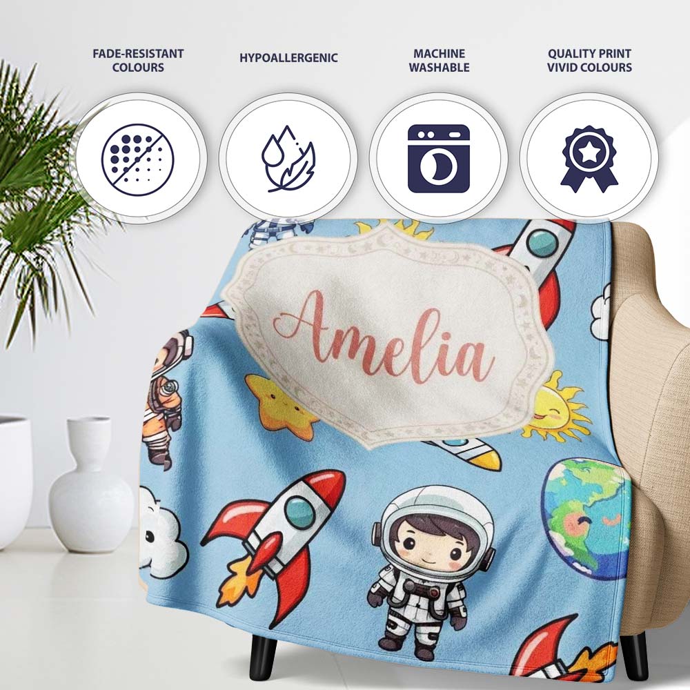 Kids Space Rockets Astronaut Seamless Pattern Blue Sky Background Personalised Custom Name Super Soft Fleece Blanket Bed Sofa Throw