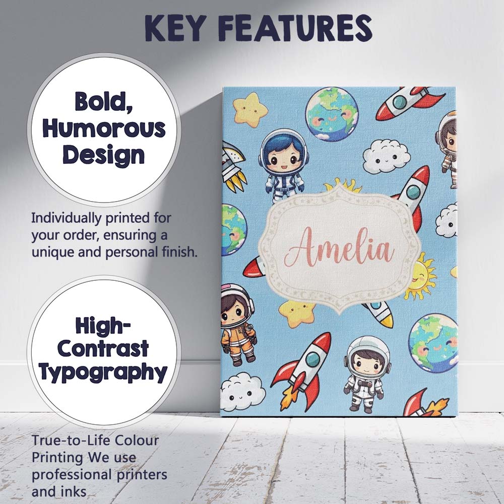 Personalised Name Kids Space Rockets Custom Premium Decorative Design Modern Room Accent Canvas Wall Art Print Decor Picture Ready to Hang