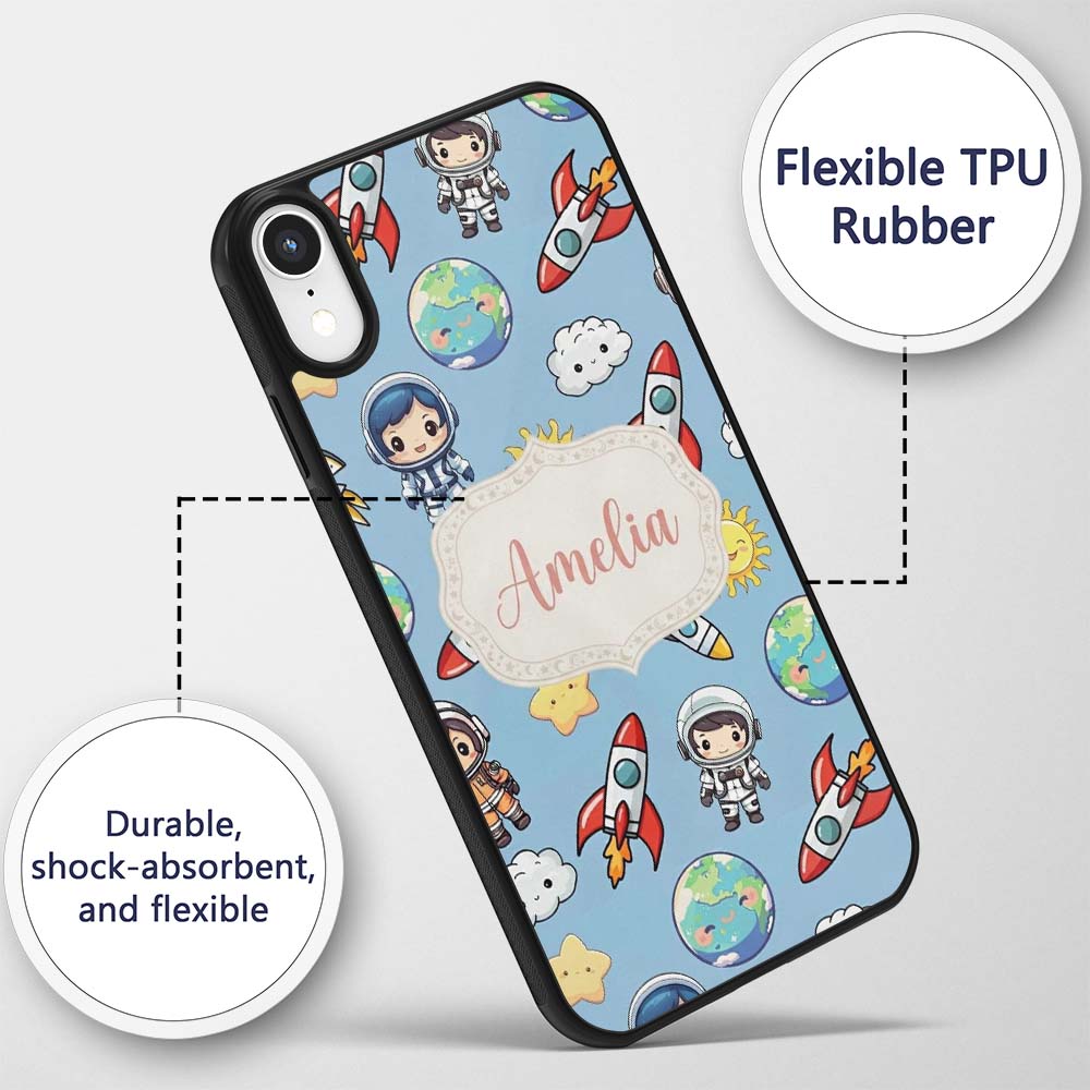 Kids Space Rockets Astronaut Seamless Pattern Custom Name Protective Phone Case Mobile Cover Durable Everyday Smartphone Shock Resistant