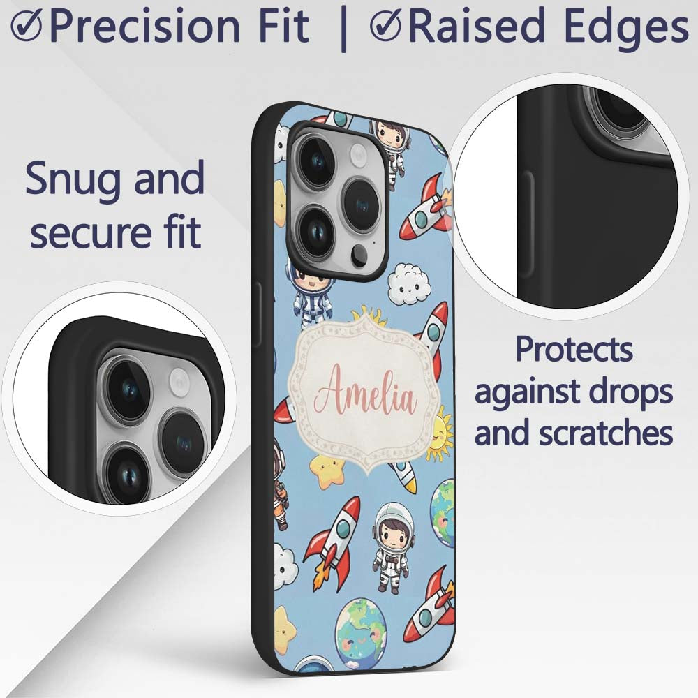 Kids Space Rockets Astronaut Seamless Pattern Custom Name Protective Phone Case Mobile Cover Durable Everyday Smartphone Shock Resistant