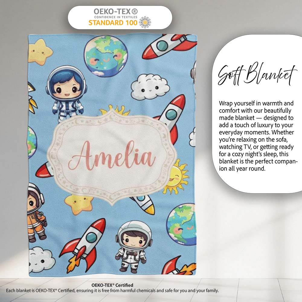 Kids Space Rockets Astronaut Seamless Pattern Blue Sky Background Personalised Custom Name Super Soft Fleece Blanket Bed Sofa Throw