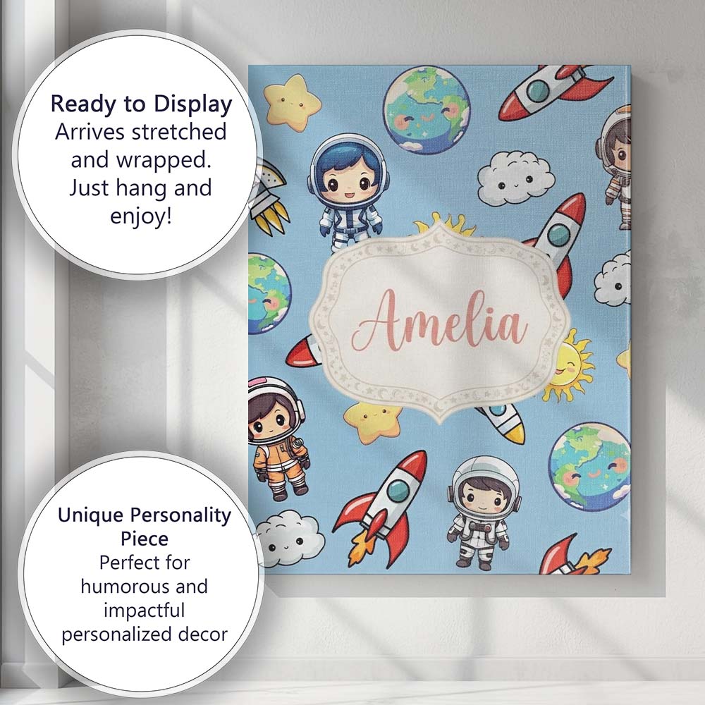 Personalised Name Kids Space Rockets Custom Premium Decorative Design Modern Room Accent Canvas Wall Art Print Decor Picture Ready to Hang