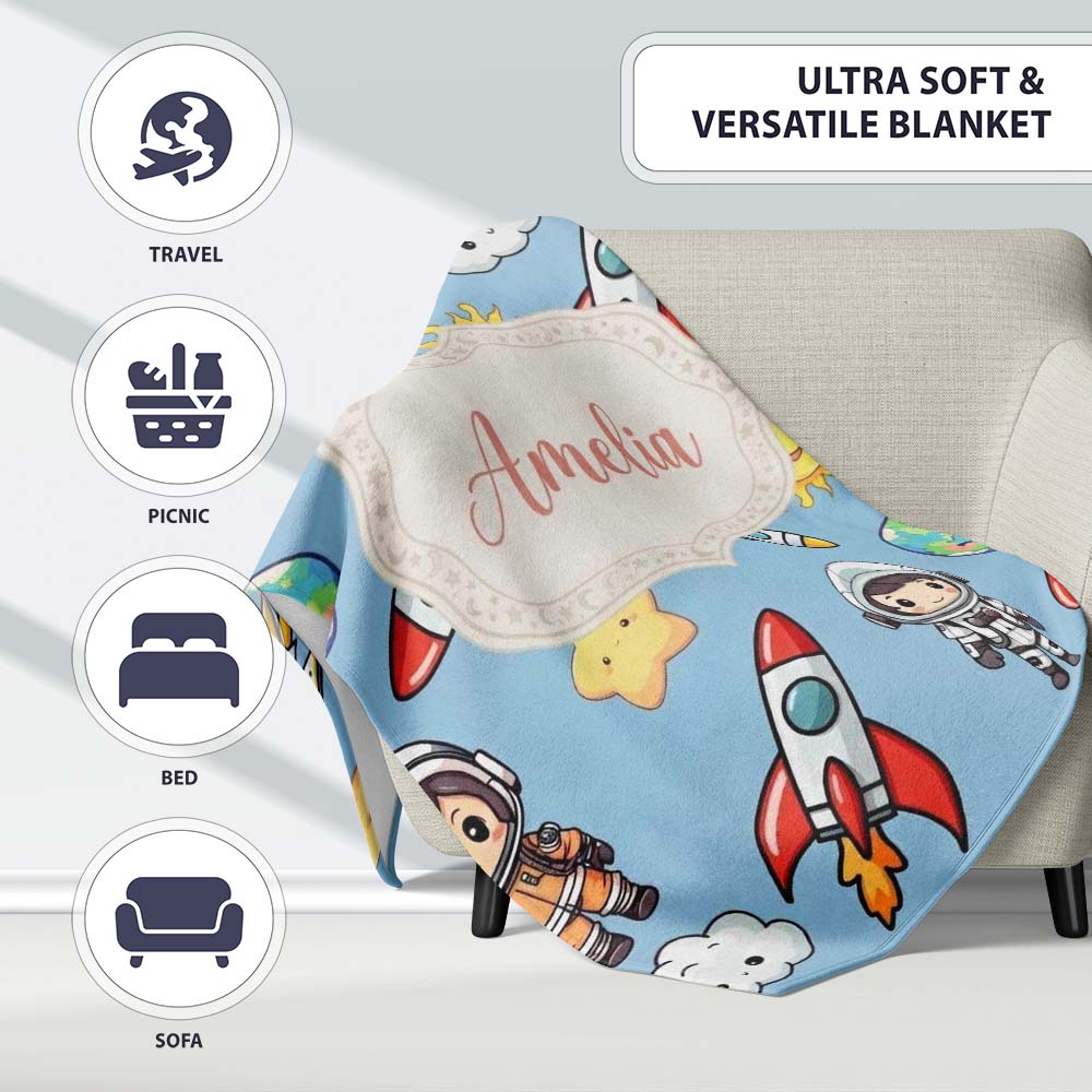 Kids Space Rockets Astronaut Seamless Pattern Blue Sky Background Personalised Custom Name Super Soft Fleece Blanket Bed Sofa Throw
