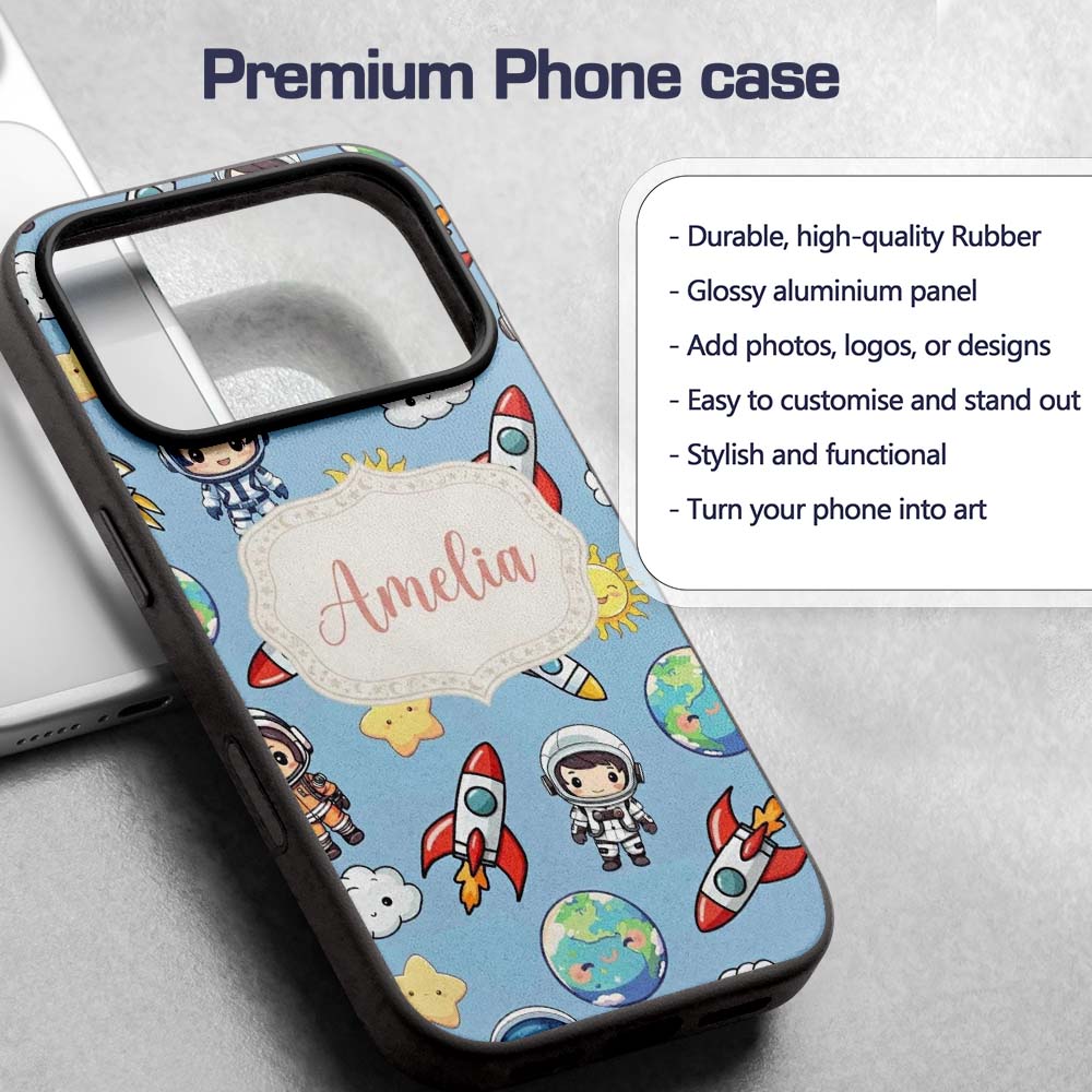 Kids Space Rockets Astronaut Seamless Pattern Custom Name Protective Phone Case Mobile Cover Durable Everyday Smartphone Shock Resistant