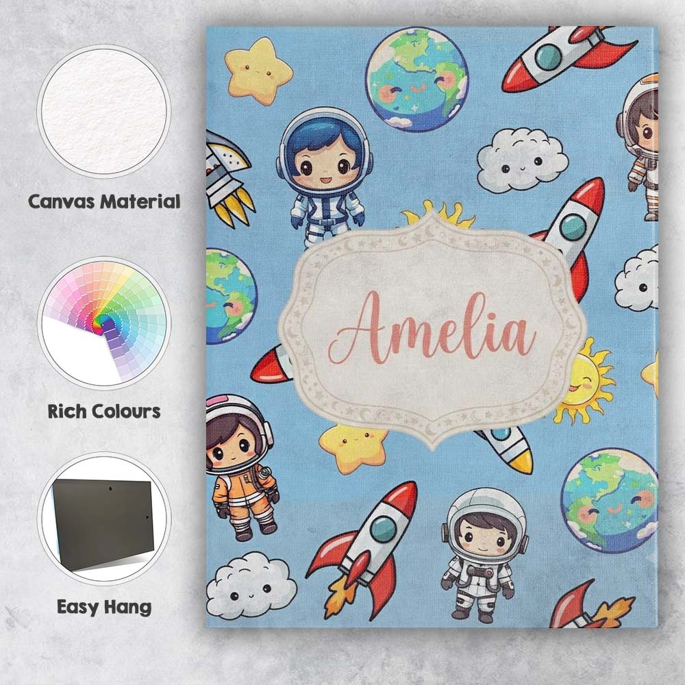 Personalised Name Kids Space Rockets Custom Premium Decorative Design Modern Room Accent Canvas Wall Art Print Decor Picture Ready to Hang
