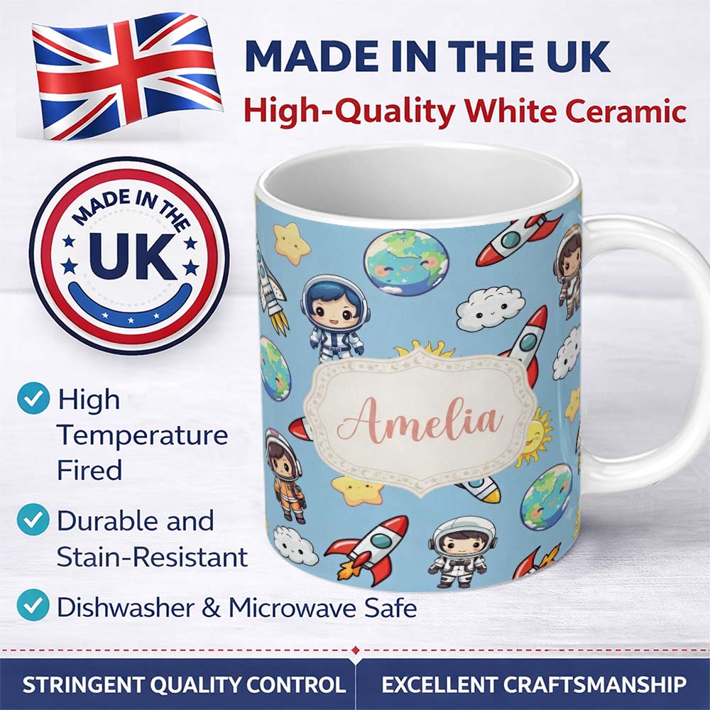 Personalized Custom Name Kids Space Rockets Astronaut Seamless Pattern Blue Sky Background 11oz Ceramic Coffee Tea Mug White Large Handle