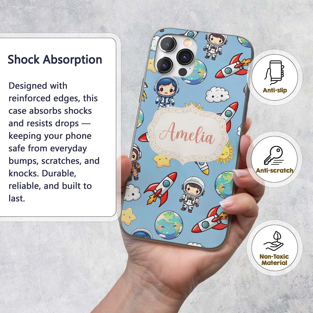 Kids Space Rockets Astronaut Seamless Pattern Custom Name Protective Phone Case Mobile Cover Durable Everyday Smartphone Shock Resistant
