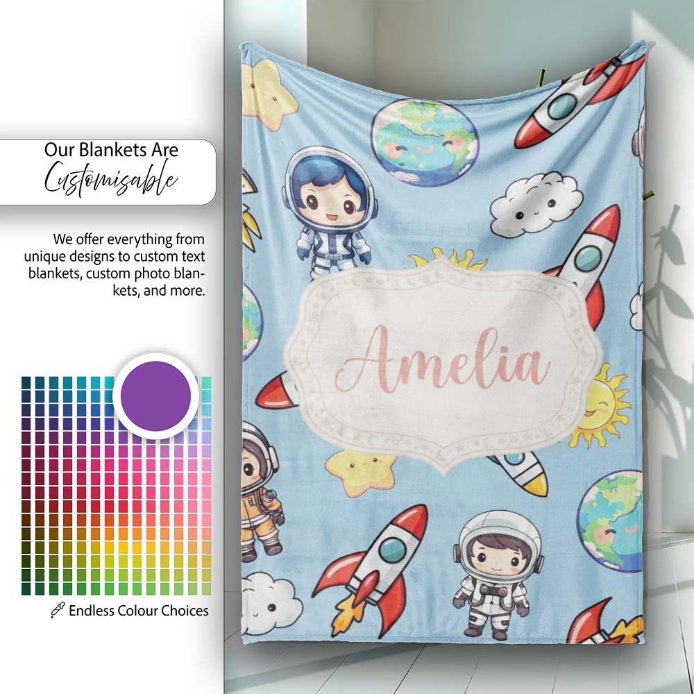 Kids Space Rockets Astronaut Seamless Pattern Blue Sky Background Personalised Custom Name Super Soft Fleece Blanket Bed Sofa Throw
