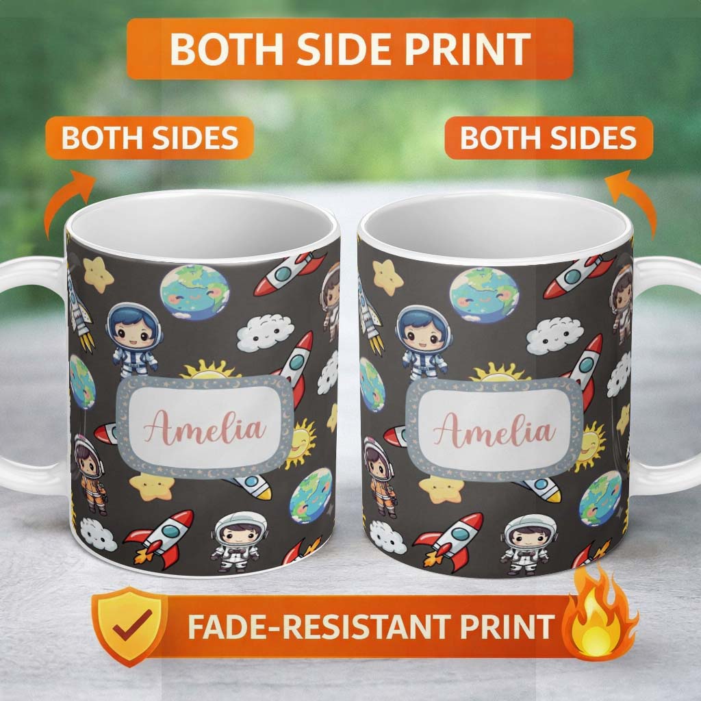 Personalized Custom Name Kids Space Rockets Astronaut Seamless Pattern Dark Grey Background 11oz Ceramic Coffee Tea Mug White Large Handle
