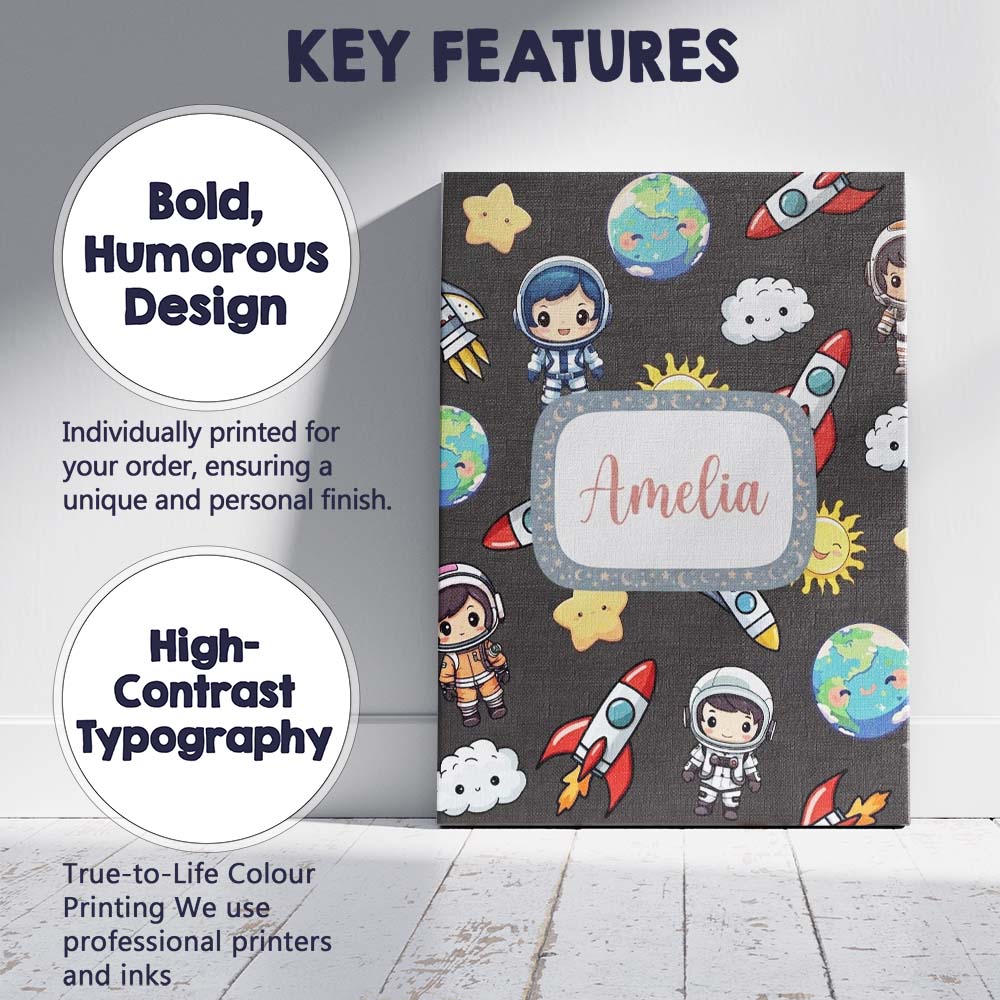 Personalised Name Kids Space Rockets Custom Premium Decorative Design Modern Room Accent Canvas Wall Art Print Decor Picture Ready to Hang