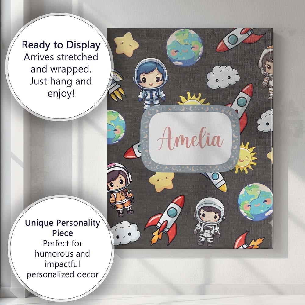 Personalised Name Kids Space Rockets Custom Premium Decorative Design Modern Room Accent Canvas Wall Art Print Decor Picture Ready to Hang