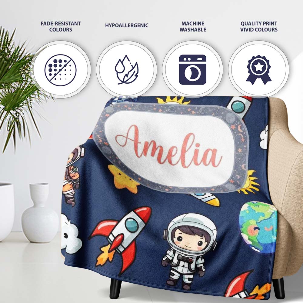 Kids Space Rockets Astronaut Seamless Pattern Navy Blue Background Personalised Custom Name Super Soft Fleece Blanket Bed Sofa Throw
