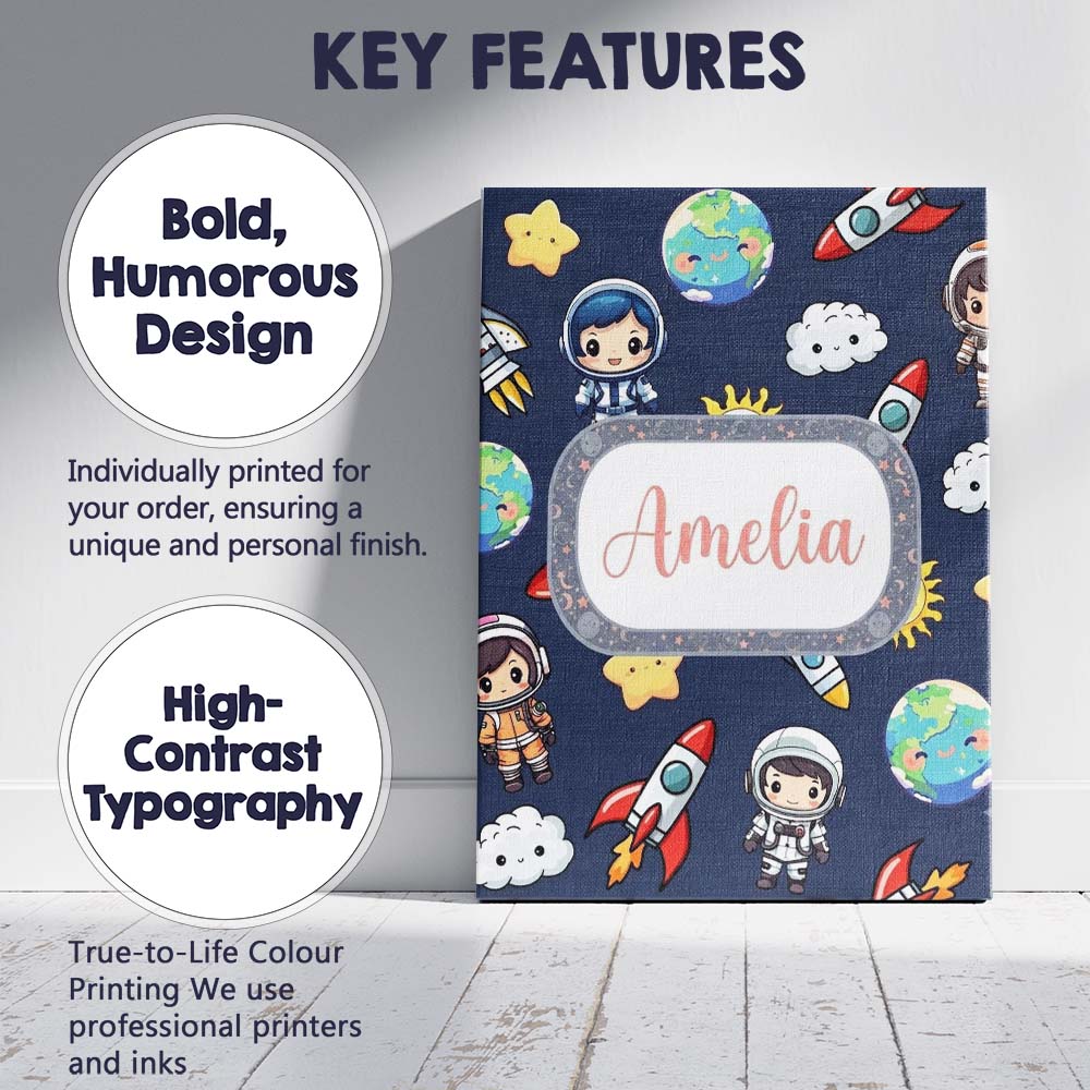 Personalised Name Kids Space Rockets Custom Premium Decorative Design Modern Room Accent Canvas Wall Art Print Decor Picture Ready to Hang