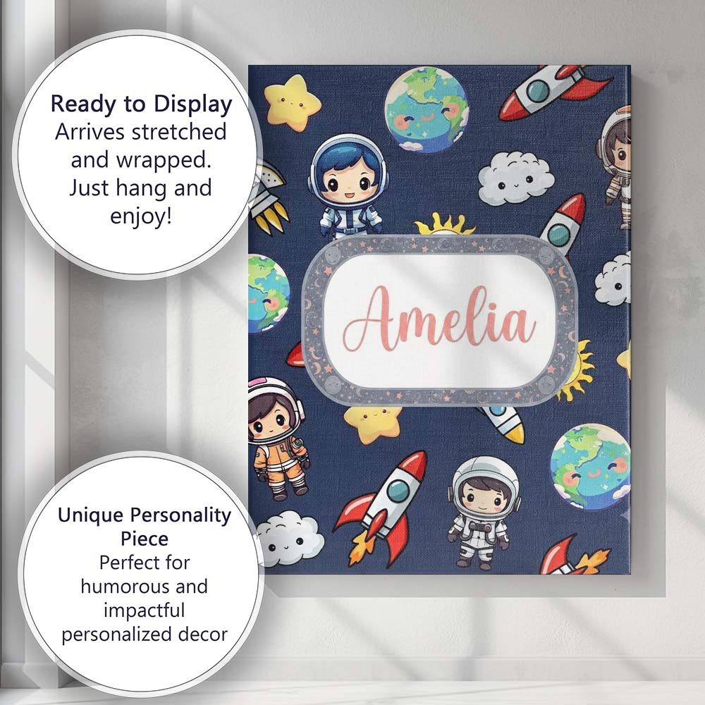 Personalised Name Kids Space Rockets Custom Premium Decorative Design Modern Room Accent Canvas Wall Art Print Decor Picture Ready to Hang