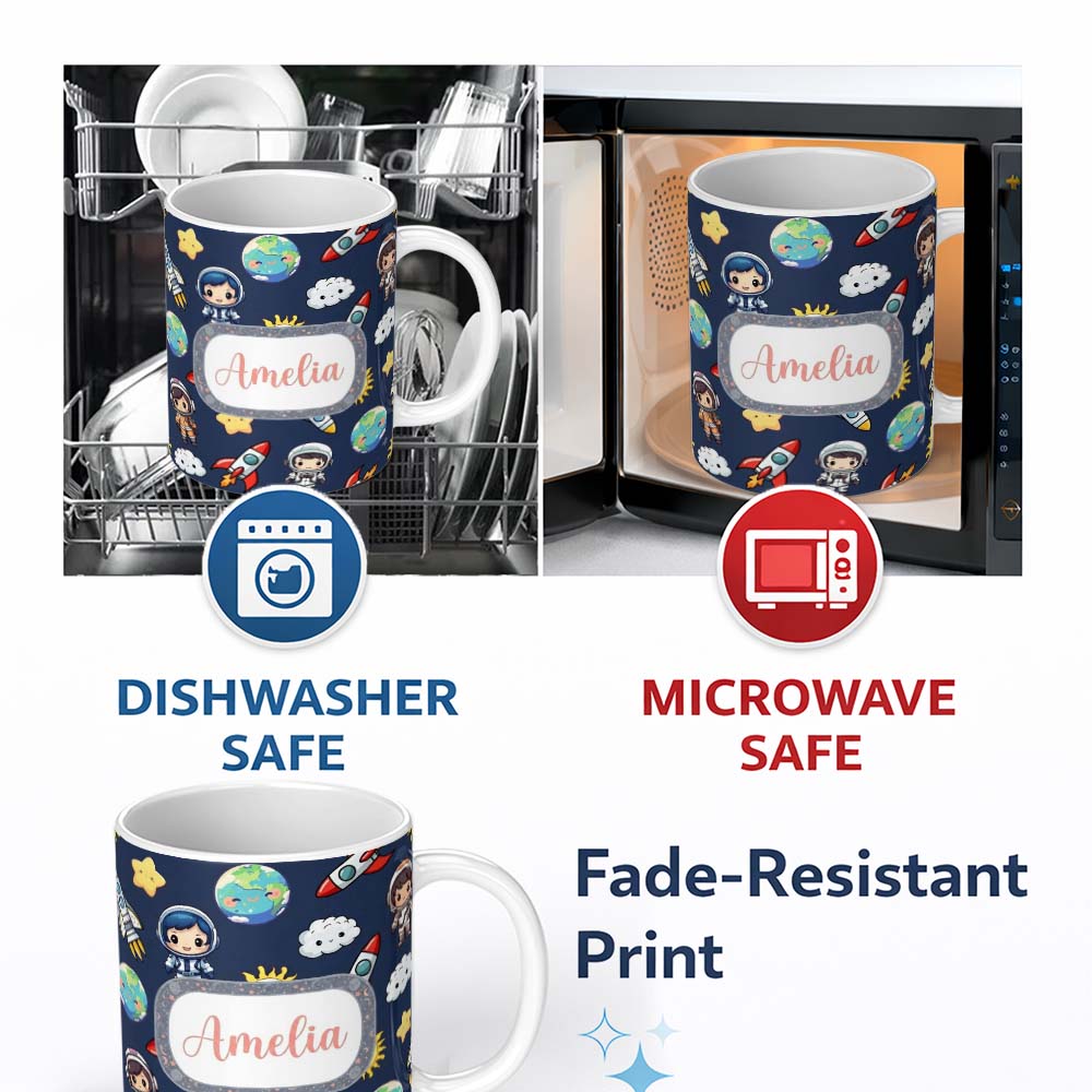 Personalized Custom Name Kids Space Rockets Astronaut Seamless Pattern Navy Blue Background 11oz Ceramic Coffee Tea Mug White Large Handle