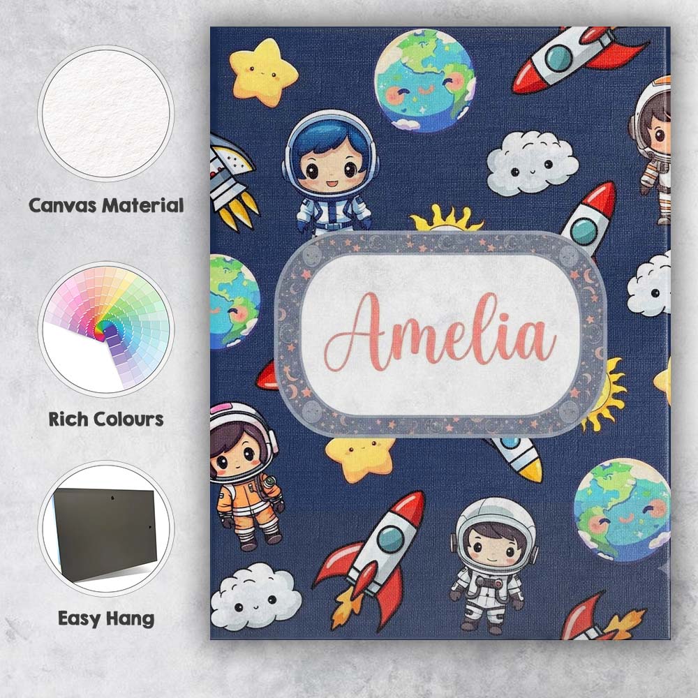 Personalised Name Kids Space Rockets Custom Premium Decorative Design Modern Room Accent Canvas Wall Art Print Decor Picture Ready to Hang