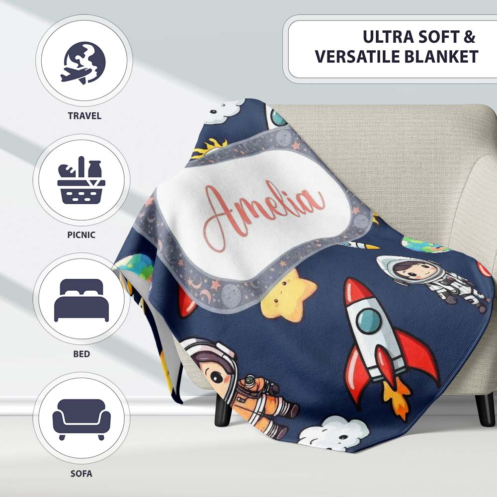 Kids Space Rockets Astronaut Seamless Pattern Navy Blue Background Personalised Custom Name Super Soft Fleece Blanket Bed Sofa Throw