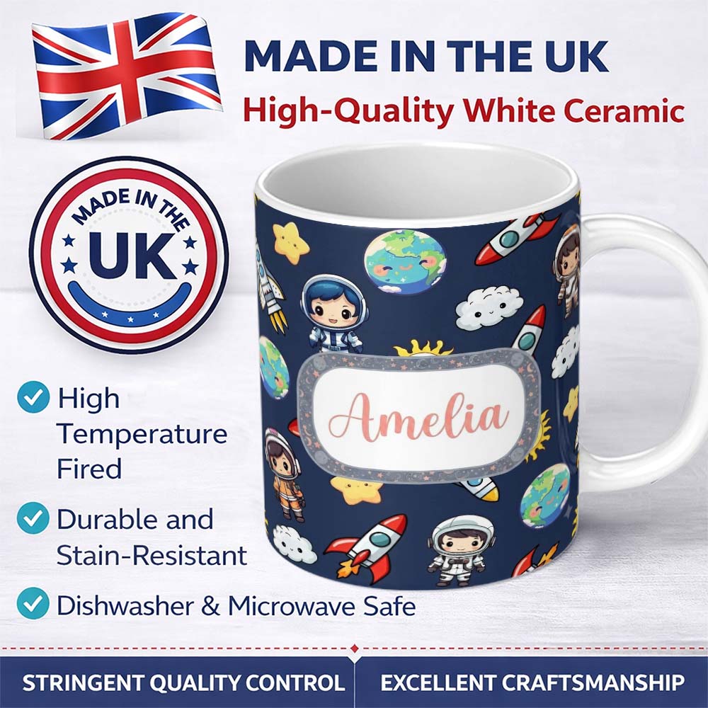 Personalized Custom Name Kids Space Rockets Astronaut Seamless Pattern Navy Blue Background 11oz Ceramic Coffee Tea Mug White Large Handle