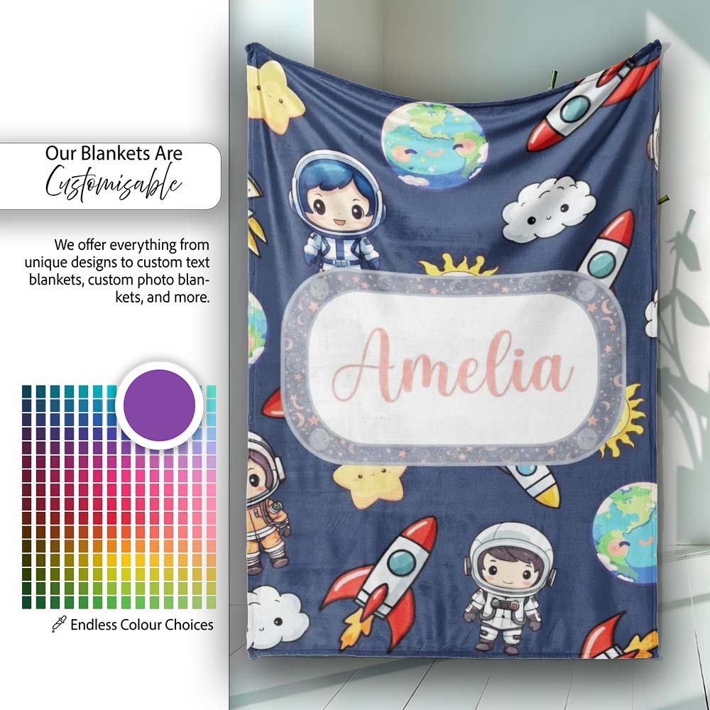 Kids Space Rockets Astronaut Seamless Pattern Navy Blue Background Personalised Custom Name Super Soft Fleece Blanket Bed Sofa Throw