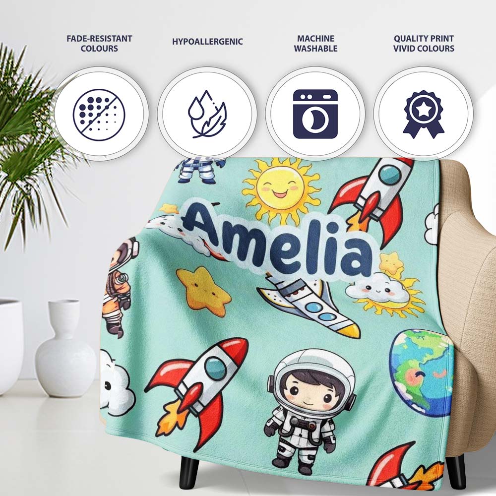 Kids Space Rockets Astronaut Seamless Pattern Mint Green Background Personalised Custom Name Super Soft Fleece Blanket Bed Sofa Throw