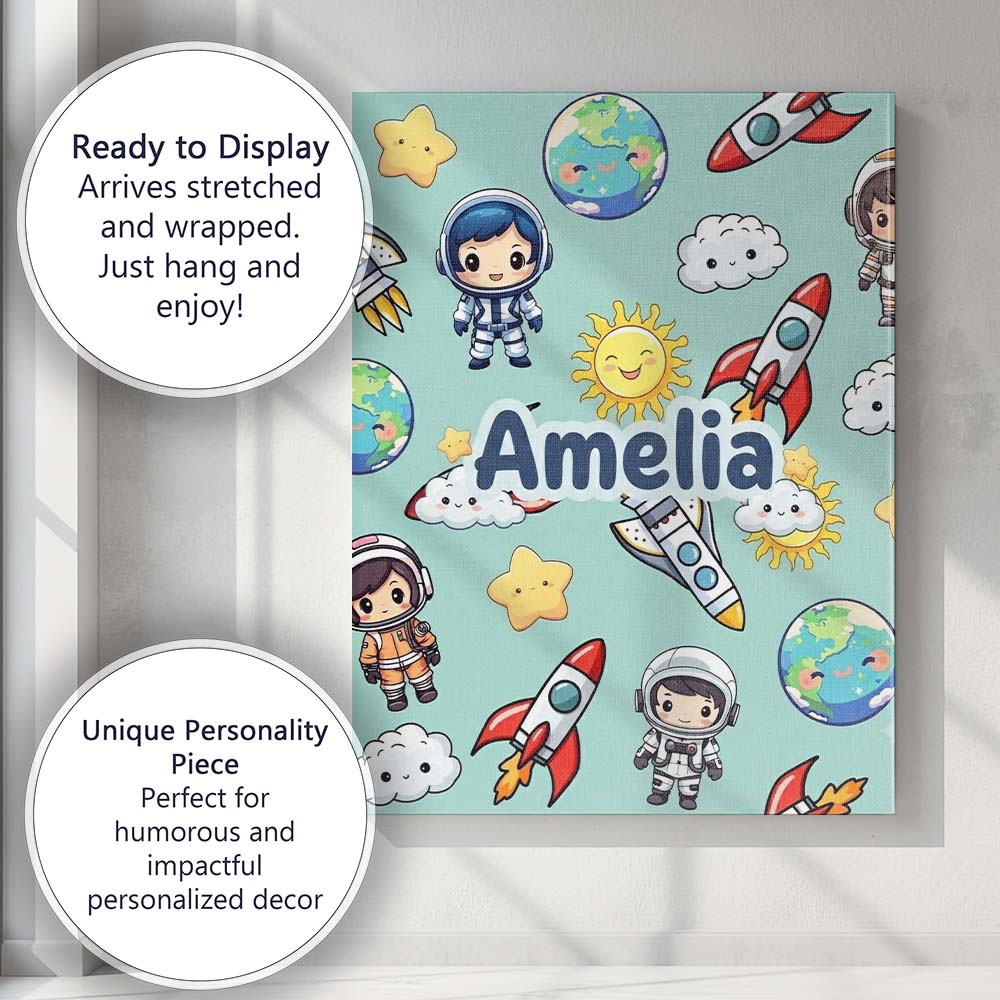 Personalised Name Kids Space Rockets Custom Premium Decorative Design Modern Room Accent Canvas Wall Art Print Decor Picture Ready to Hang